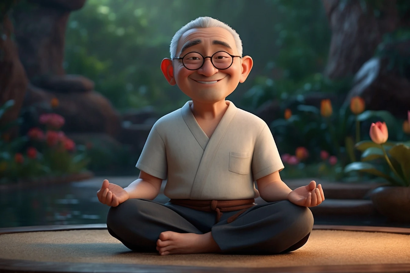 Fazendo as pazes - Imagem de um senhor oriental de idade avançada, em posição de Lótus, feliz, praticando meditação.
