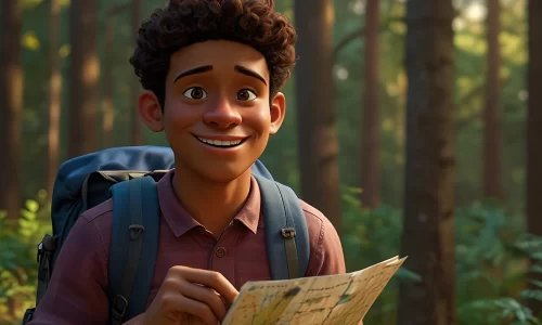Jovem sorridente segurando um mapa em meio a uma floresta, pronto para explorar.
