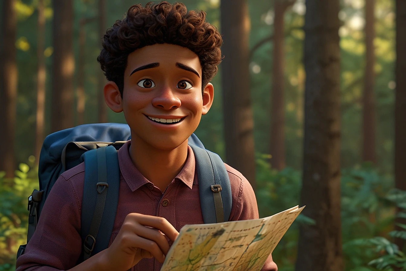 Jovem sorridente segurando um mapa em meio a uma floresta, pronto para explorar.