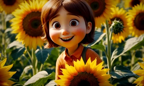 Menina sorridente em campo de girassóis, com cabelo curto castanho e expressão de felicidade em meio a flores amarelas. Cena de animação alegre e vibrante