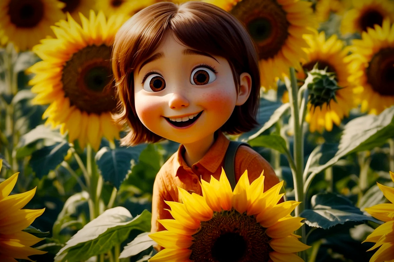 Menina sorridente em campo de girassóis, com cabelo curto castanho e expressão de felicidade em meio a flores amarelas. Cena de animação alegre e vibrante