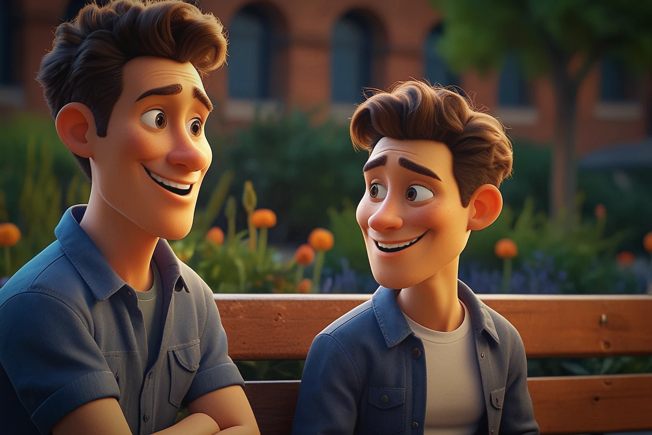 Cena de animação com dois jovens sorridentes sentados em um banco de parque, com flores e árvores ao fundo. Ambos têm cabelo castanho, camisas azuis e expressões amigáveis.
