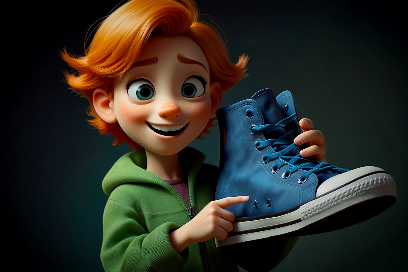 Personagem animado com cabelo ruivo curto, sorrindo e segurando um tênis azul grande. Veste um moletom verde e tem expressão alegre.