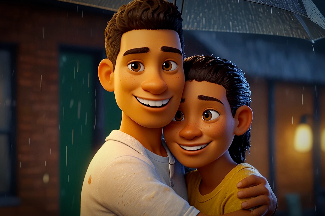 Casal feliz abraçado sob chuva, promovendo o cuidado emocional durante o Setembro Amarelo