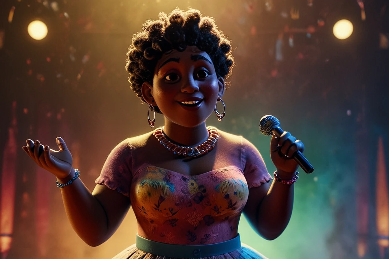 Uma mulher afro-brasileira sorridente com microfone.