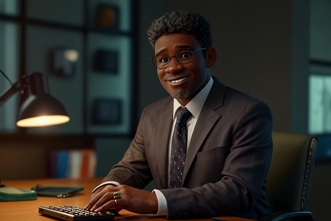 Um homem afro-americano sorridente e vestido formalmente, sentado em uma cadeira de escritório e digitando em um computador.