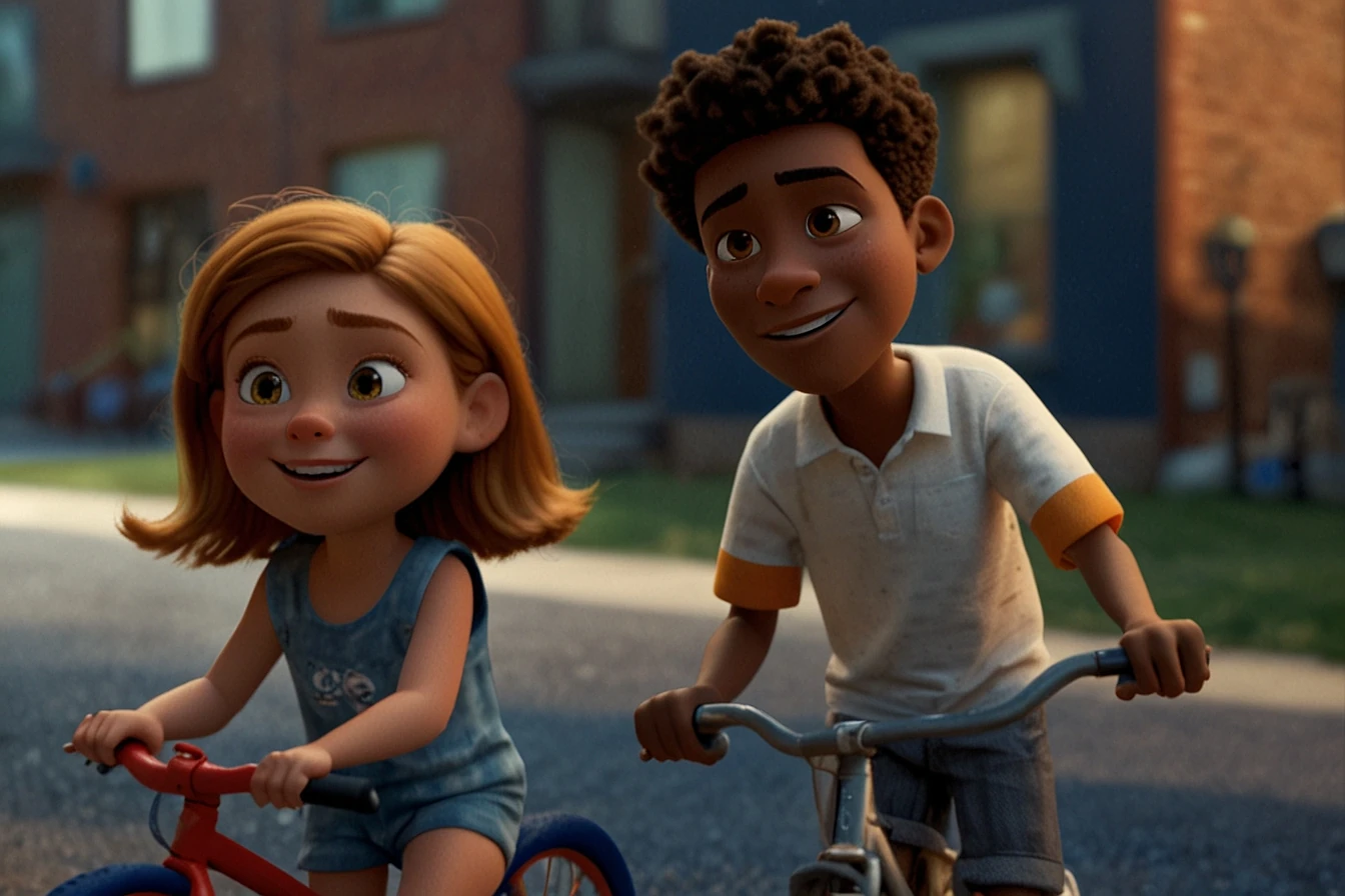 Duas crianças animadas, um menino e uma menina, pedalando juntas.