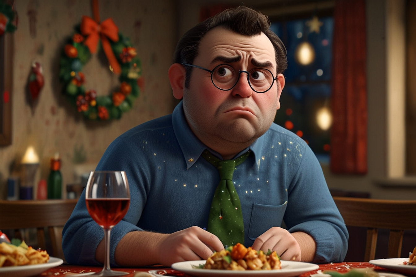 Homem sozinho e mal humorado à mesa de jantar natalina com expressão desanimada, usando suéter azul