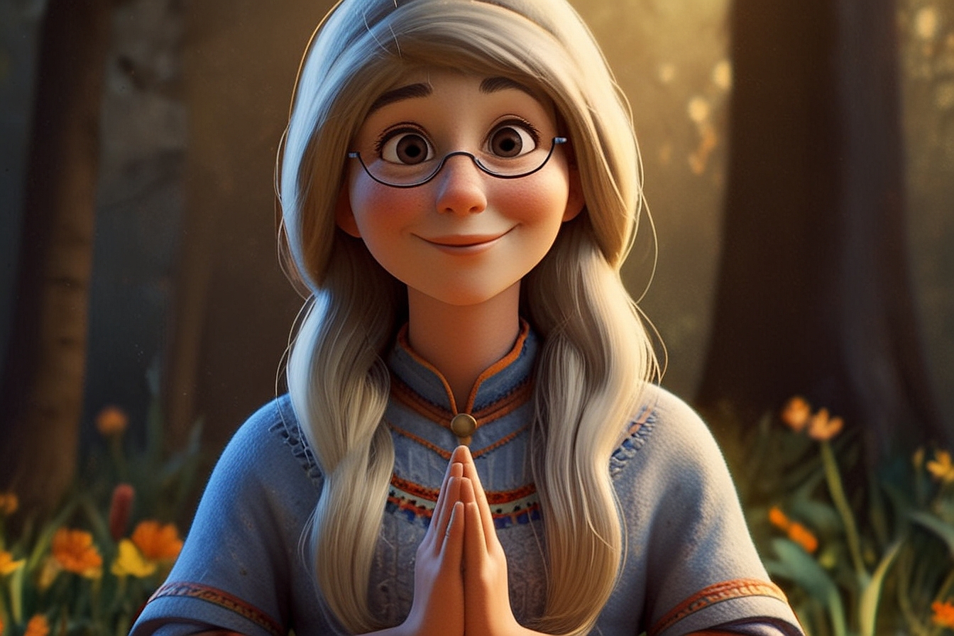 Jovem de cabelos platinados com mãos em posição de oração, sorrindo serenamente