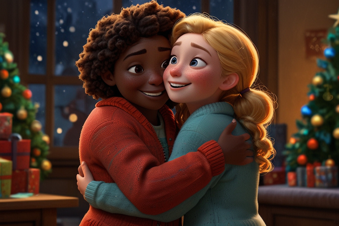 Duas amigas se abraçando carinhosamente em frente à árvore de Natal decorada