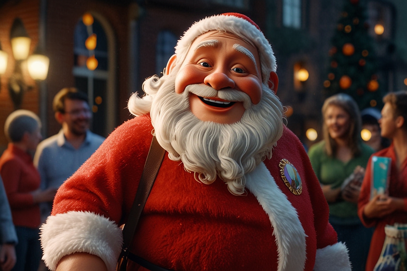 Papai Noel 3D sorridente com roupa vermelha tradicional em cenário natalino iluminado